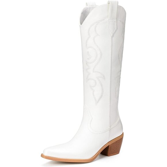 Women White Polyurethane Classic Embroidery Side Zipper Knee High Western Boots - Picture 1 of 5